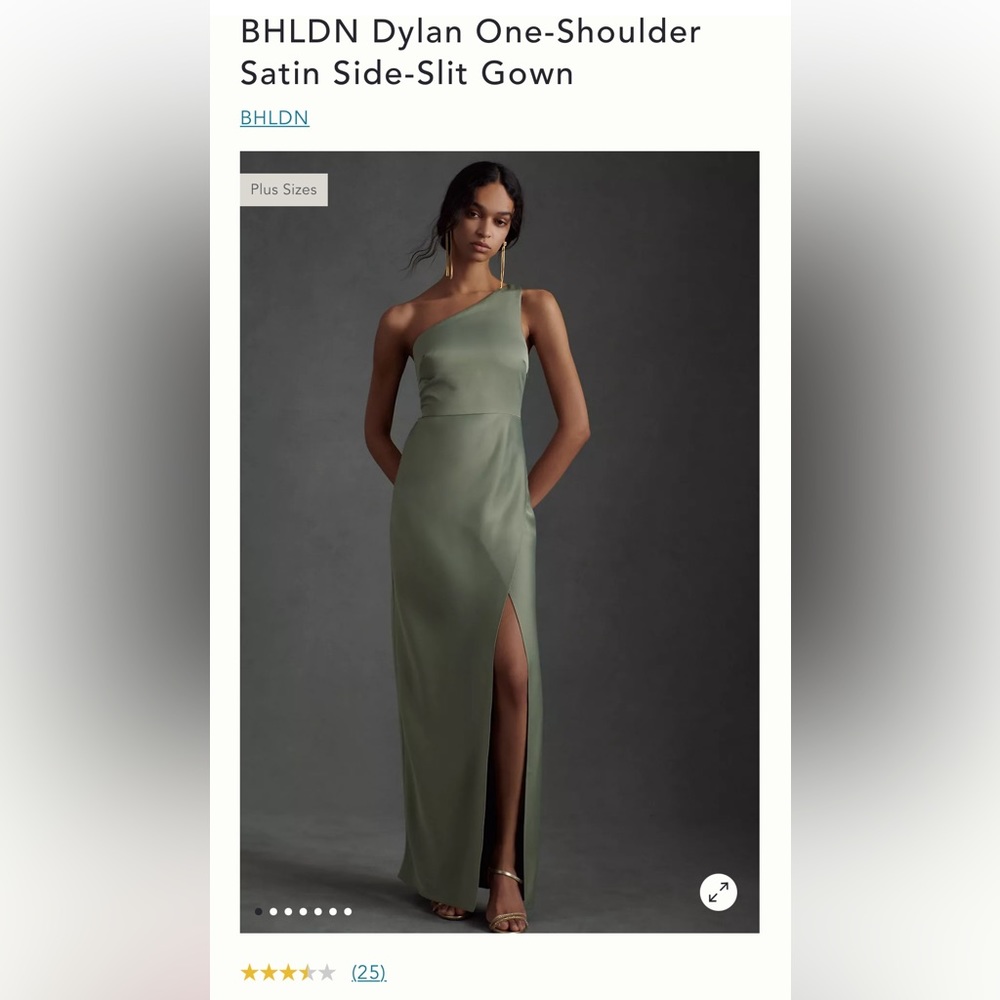 BHLDN Dylan One-Shoulder Satin Side-Slit Gown, Color Moss, Size 6